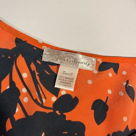 Trinity orange and navy floral scoop neck silk blouse - S - Picture 4 of 7